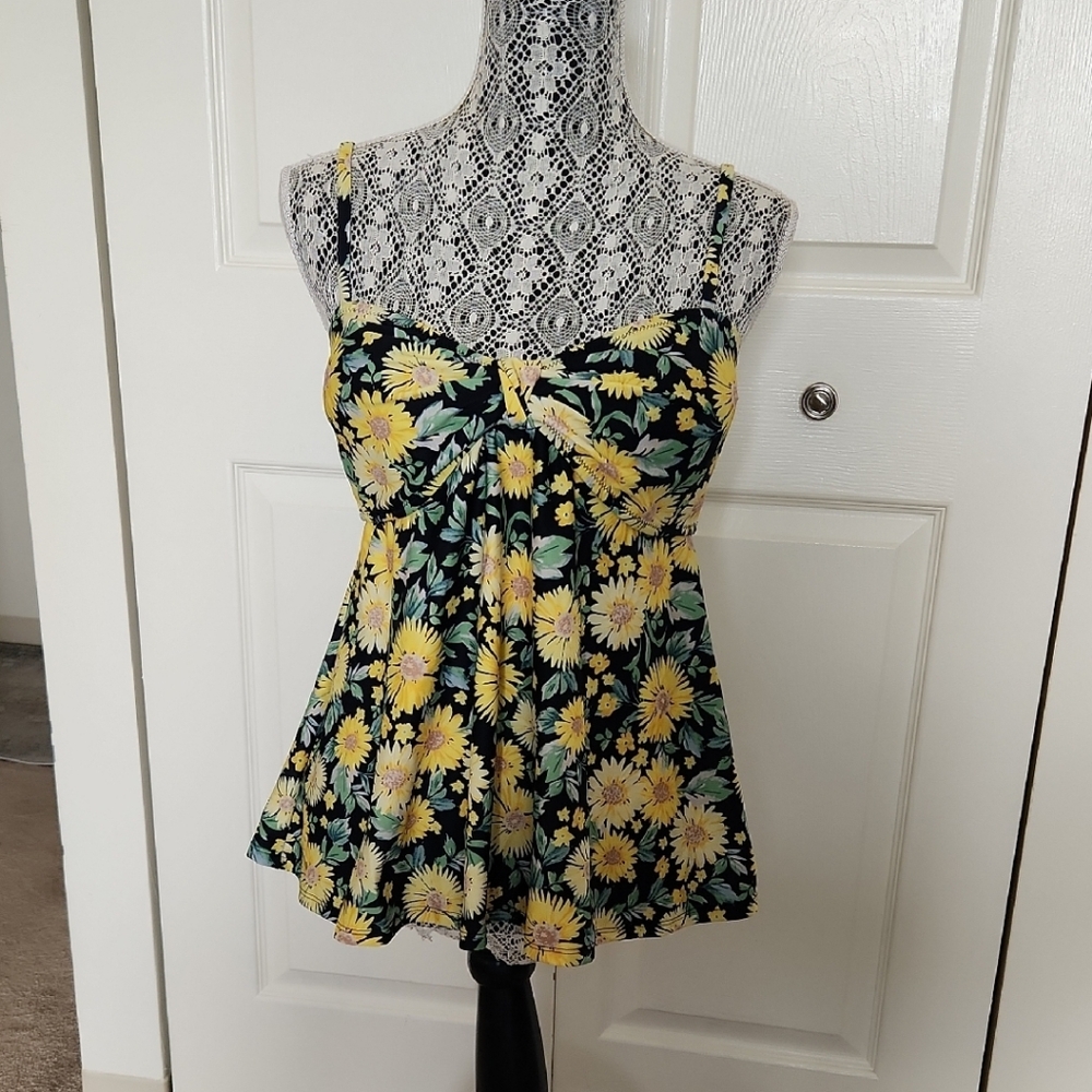 Old Navy Yellow and Black Sunflower Tankini Swim Top